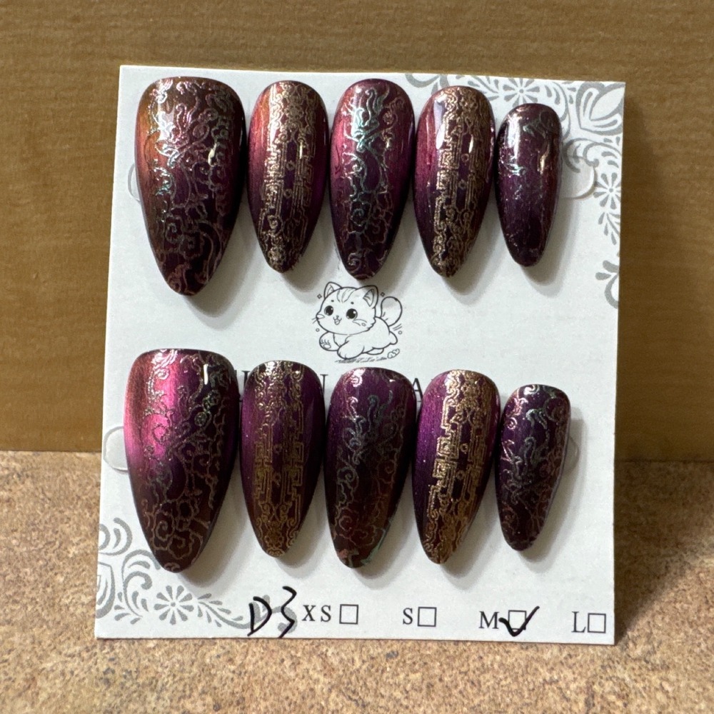 Press On Nails‎ Purple Almond Gold Design Fake Nails Full Cover